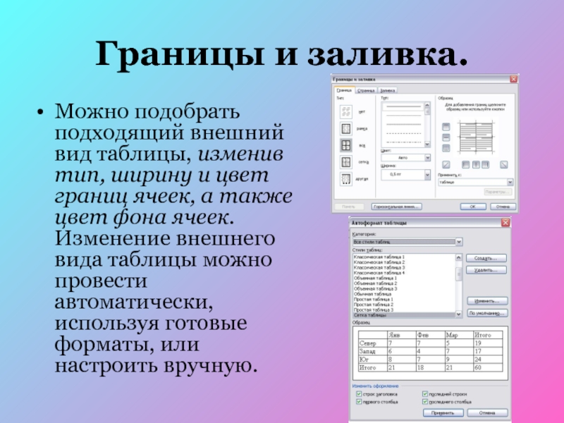 Границы таблицы. Границы и заливка. Внешний вид таблицы. Изменить вид границ таблицы. Таблица границы и заливка.