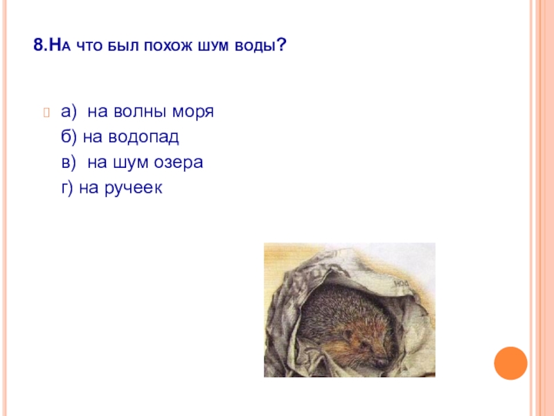 8.На что был похож шум воды? а)  на волны моря  б) на водопад  в)  на шум озера 