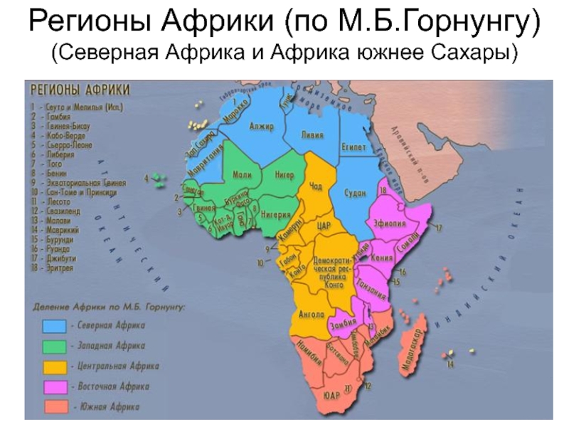 Регионы Африки (по М.Б.Горнунгу) (Северная Африка и Африка южнее Сахары)