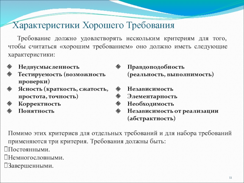 Какие требованиям должен удовлетворять. Качественные характеристики требований. Характеристика хороших требований. Свойства хорошего требования. Со следующими характеристиками.