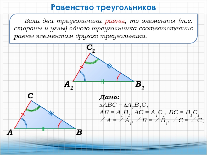 Если два треугольника равны, то элементы (т.е. стороны и углы) одного треугольника соответственно равны элементам другого треугольника.Равенство