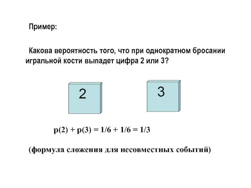 Пример:		Какова вероятность того, что при однократном бросании игральной кости выпадет цифра 2 или 3?					или 3 2			р(2) +