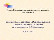 1
Тема : Реляционная модель, проектирование баз данных
Составил зав. кафедрой