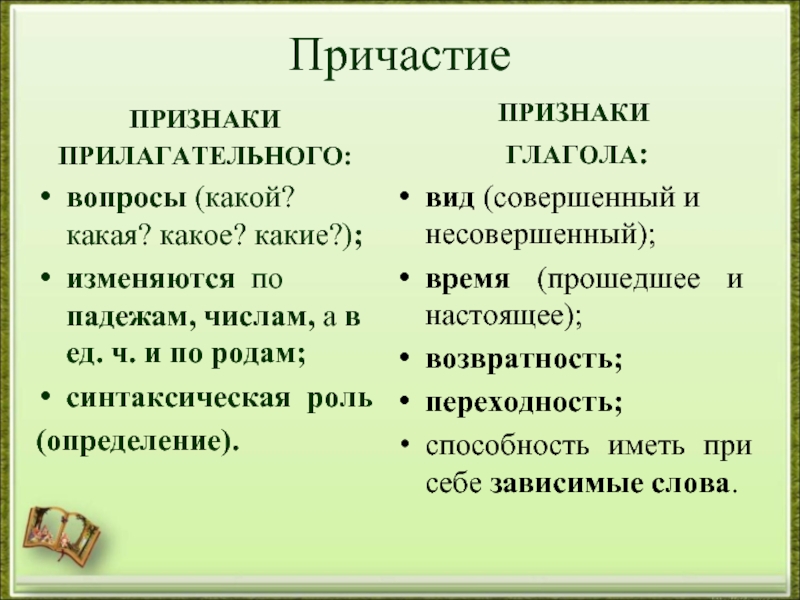 Признаки глагола у причастия. Признаки глагола и прилагательного у причастия. Признаки частей речи причастия. Признаки прилагательного у причастия.