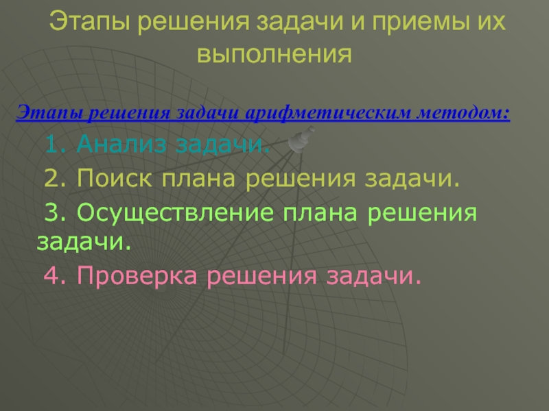 Арифметический способ. Этапы решения задачи и приемы их выполнения. Этапы решения задач арифметическим методом. 5. Этапы решения задачи. Этапы решения задачи и приемы их выполнения таблица.