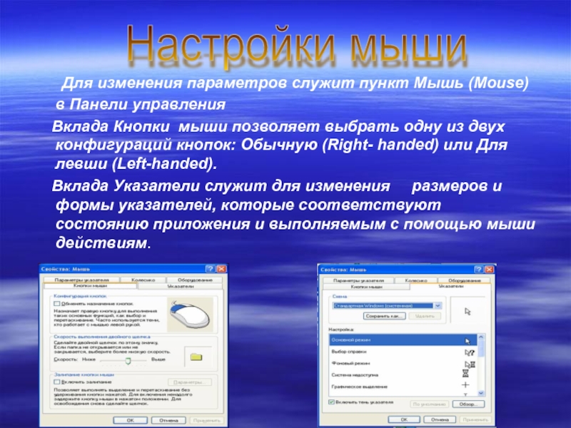 Управление мышкой. Информационные параметры служат для?.