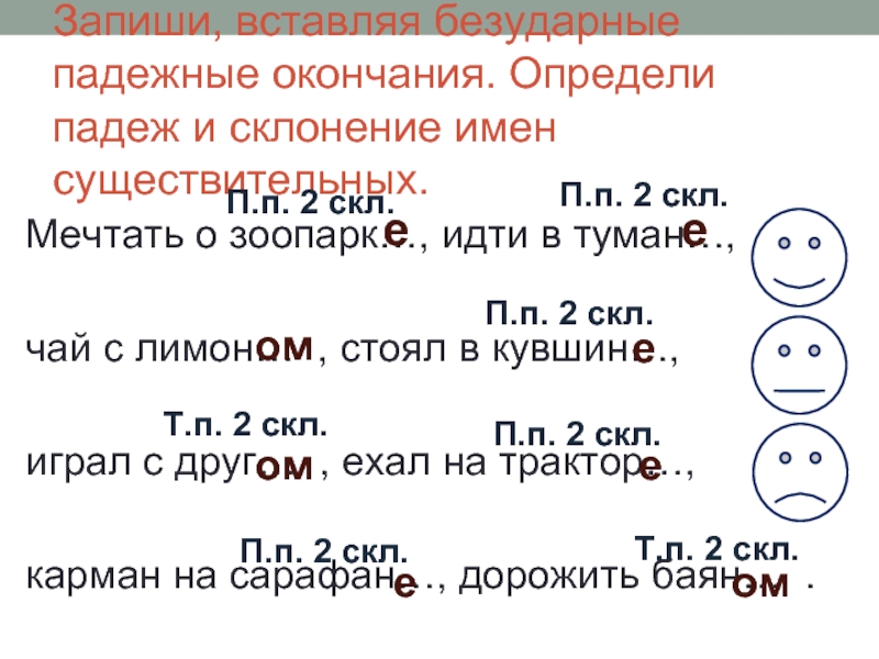 Вставьте безударные окончания. Зоопарк склонение и падеж. Просклонять слово туман. Вставь безударные падежные окончания. В тумане падеж и склонение.