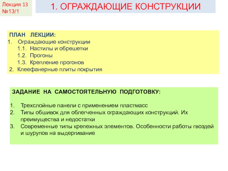 Презентация КДиП- И
Лекция 2
1. ОГРАЖДАЮЩИЕ КОНСТРУКЦИИ
ПЛАН ЛЕКЦИИ:
Ограждающие