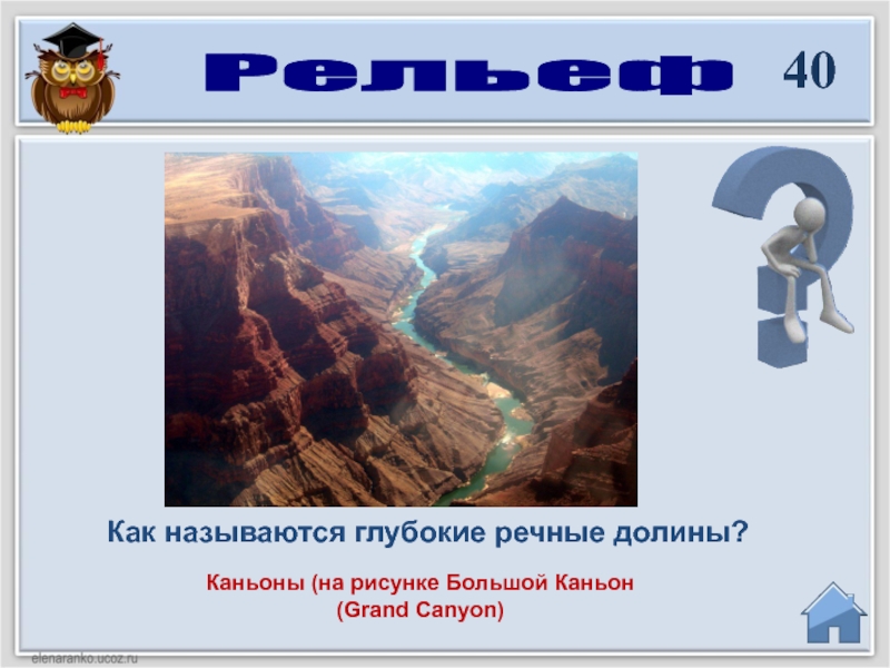Каньоны (на рисунке Большой Каньон (Grand Canyon)Как называются глубокие речные долины?40 Рельеф