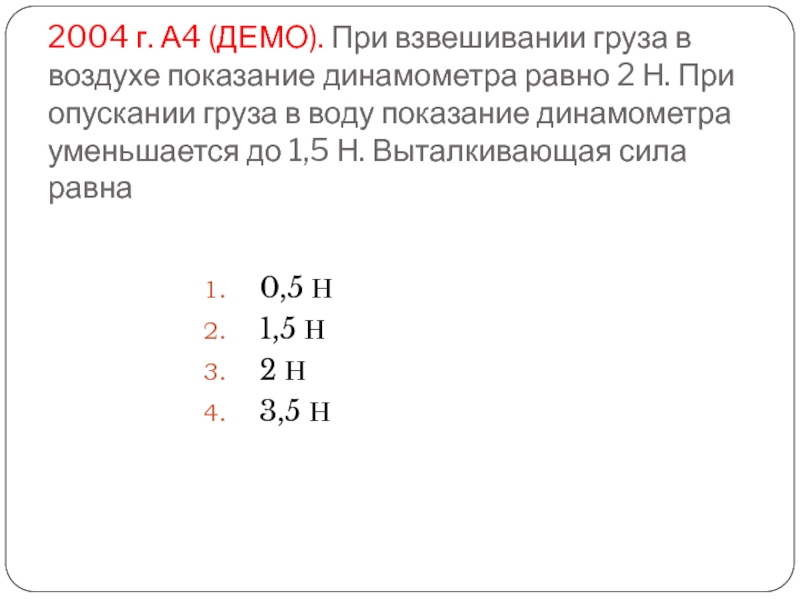 2004 г. А4 (ДЕМО). При взвешивании груза в воздухе показание динамометра равно 2 Н. При опускании груза в