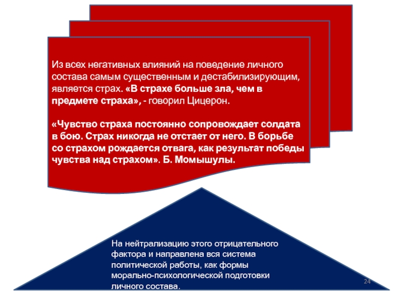 Из всех негативных влияний на поведение личного состава самым существенным и дестабилизирующим, является страх. «В страхе больше