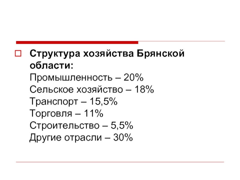 Структура хозяйства Брянской области: Промышленность – 20% Сельское хозяйство – 18% Транспорт – 15,5% Торговля – 11%