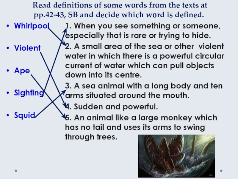 Read definitions of some words from the texts at pp.42-43, SB and decide which word is