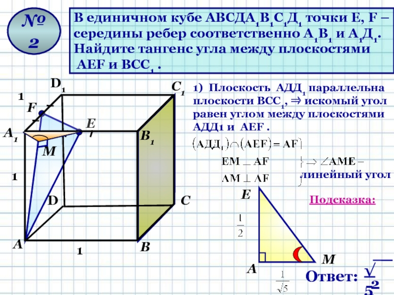 В единичном кубе АВСДА1В1С1Д1 точки Е, F –середины ребер соответственно А1В1 и А1Д1.Найдите тангенс угла между плоскостями