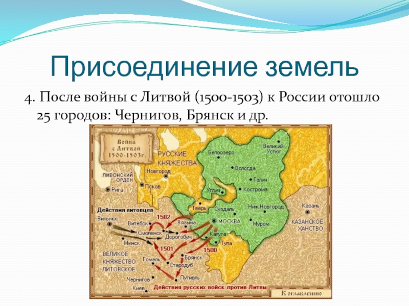 Присоединение земель4. После войны с Литвой (1500-1503) к России отошло 25 городов: Чернигов, Брянск и др.