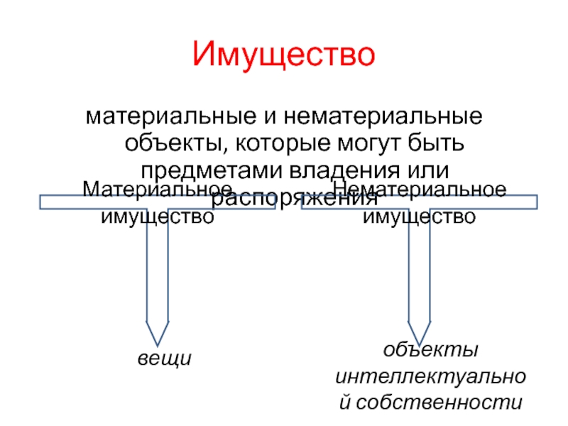 Имуществоматериальные и нематериальные объекты, которые могут быть предметами владения или распоряжениявещиобъекты интеллектуальной собственностиМатериальное имуществоНематериальное имущество