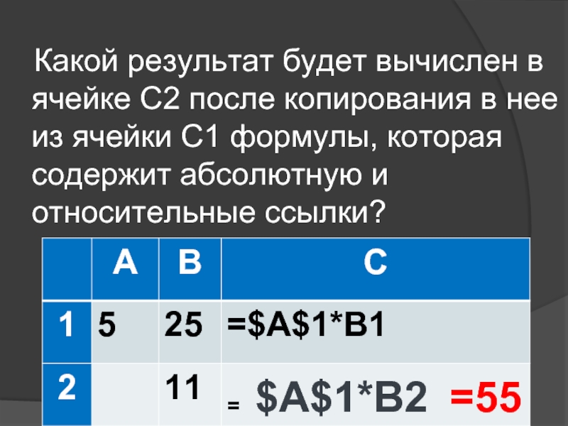 Какой результат дает. После копирования ячейки с1 в ячейку c2. Какой результат будет вычислен в ячейке с2. Результат вычисления в ячейке c1. Результат вычисления ячейки с4.