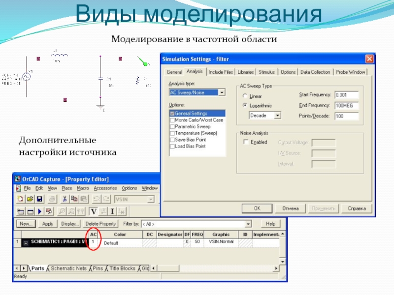 Настройки выход. Моделирование в частотной области. Как моделировать в ORCAD. Уравнение в моделирования частотной области. Моделирование в частотной области Базис.