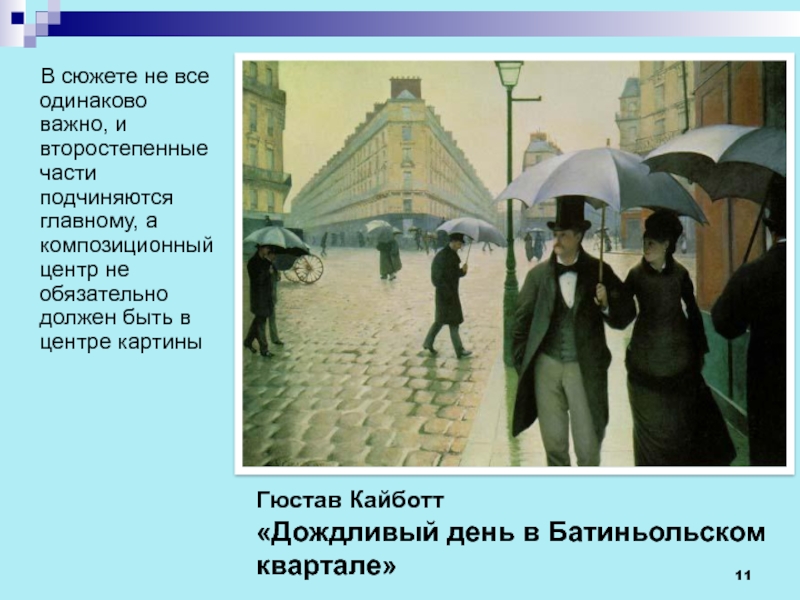 Одинаково важна. Дождливый день в Батиньольском квартале. Кайботт: дождливый день в Батиньольском квартале. Главный и второстепенный композиционный центр. Батиньольский квартал.