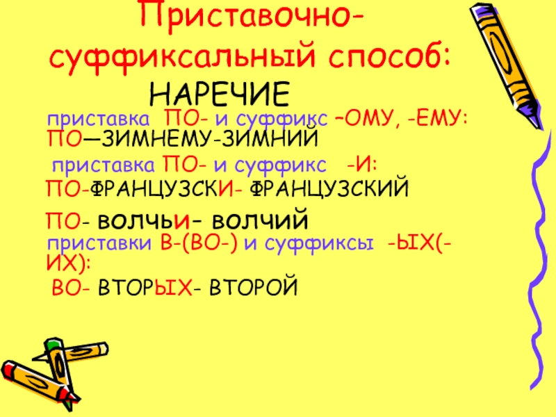 Приставочно суффиксальный способ. Слова суффиксальным способом. Суффиксальный способ наречия. Наречия приставочно-суффиксальным способом. Наречия образованные приставочно-суффиксальным способом.