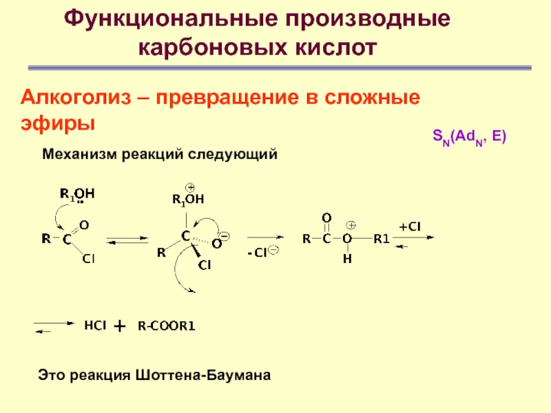 Функциональные производные карбоновых кислотАлкоголиз – превращение в сложные эфирыМеханизм реакций следующийЭто реакция Шоттена-БауманаSN(AdN, E)