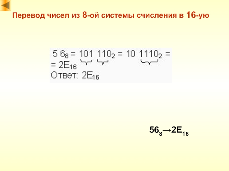 Перевод чисел из 8-ой системы счисления в 16-ую568→2E16
