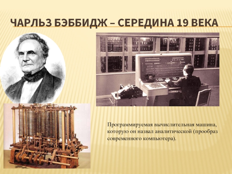 Чарльз Бэббидж – середина 19 векаПрограммируемая вычислительная машина, которую он назвал аналитической (прообраз современного компьютера).
