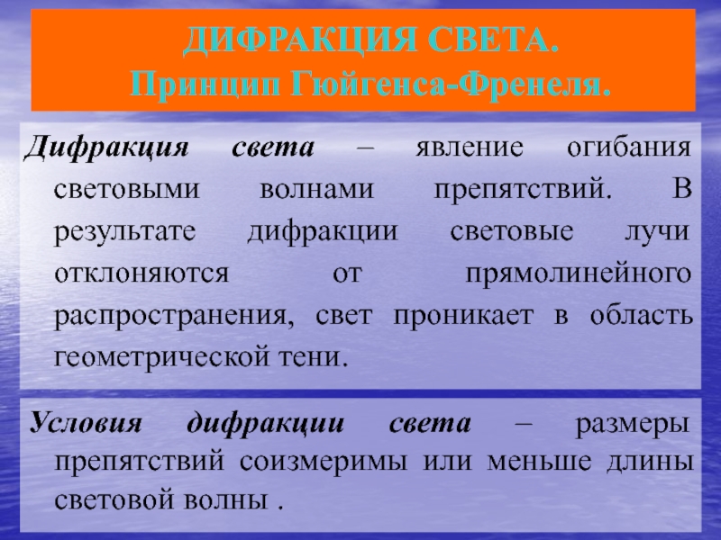 Презентация ДИФРАКЦИЯ СВЕТА. Принцип Гюйгенса-Френеля.
Дифракция света – явление огибания