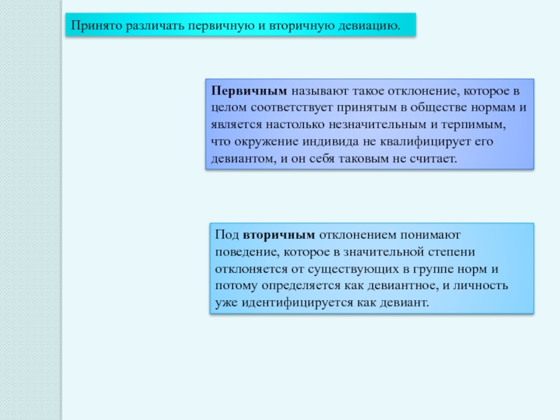 В целом соответствует. Первичная и вторичная девиация. Первичные и вторичные отклонения. Различия девиации первичного и вторичного. Первичные и вторичные отклонения девиантного поведения.