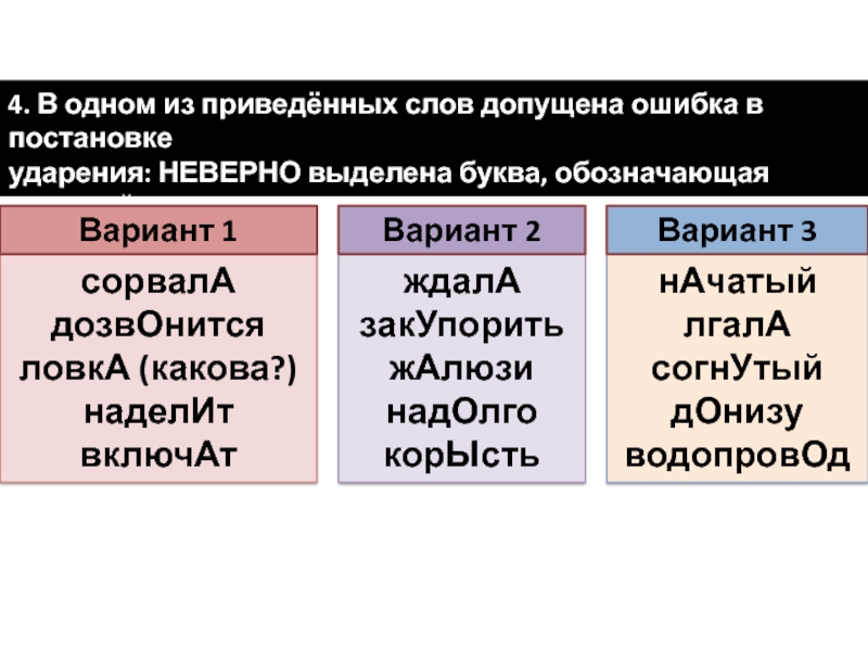 4. В одном из приведённых слов допущена ошибка в постановке ударения: НЕВЕРНО выделена буква, обозначающая ударный гласный