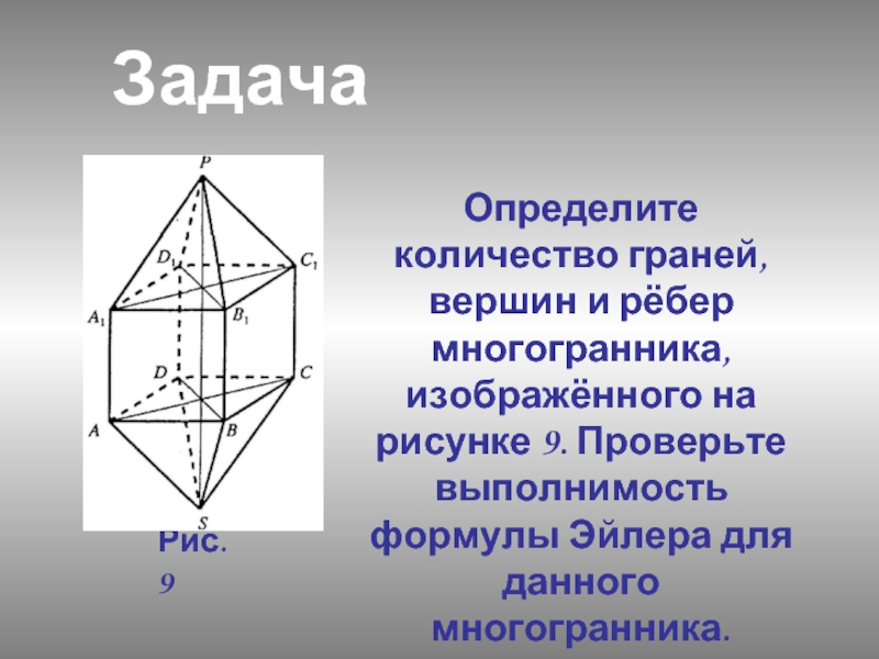 Определите количество граней, вершин и рёбер многогранника, изображённого на рисунке 9. Проверьте выполнимость формулы Эйлера для данного