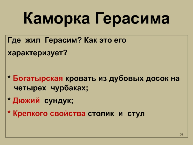 Описание каморки герасима. Как каморка Герасима характеризует героя. Как комната Герасима его характеризует. Литература 5 класс как каморка Герасима характеризует его. Дюжий.