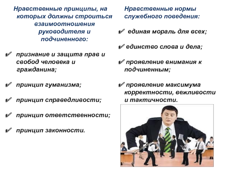 Нравственные отношения поведение. Принципы и нормы поведения руководителя. Принципы нравственного поведения руководителя. Нормы нравственного поведения руководителя.. Нравственные принципы взаимоотношения руководителя и подчиненных.