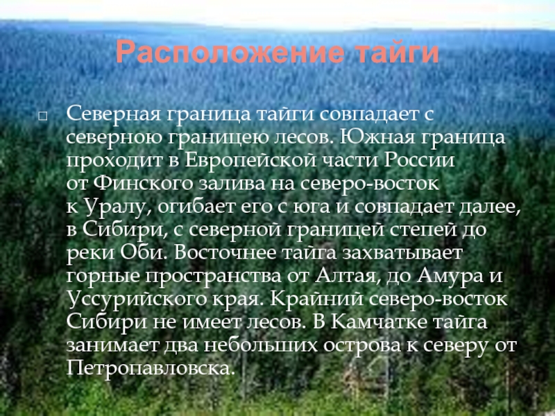 Расположение тайгиСеверная граница тайги совпадает с северною границею лесов. Южная граница проходит в Европейской части России от Финского