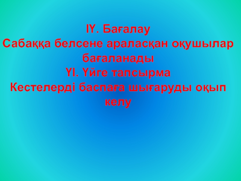 ІҮ. БағалауСабаққа белсене араласқан оқушылар бағаланадыҮІ. Үйге тапсырмаКестелерді баспаға шығаруды оқып келу