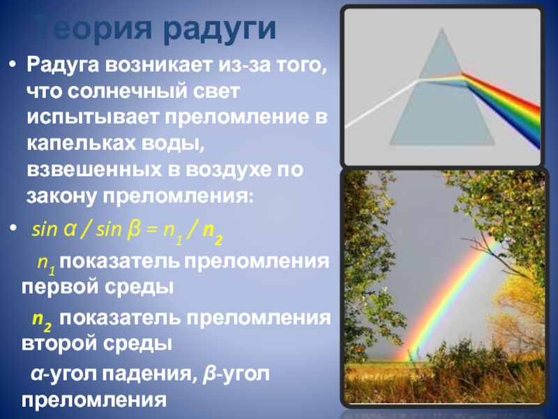 Радуга возникает из за того что солнечный. Преломление света Радуга. Преломление света воздух вода. Показатель преломления цветов радуги. Преломление света тригонометрия.