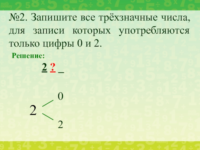 №2. Запишите все трёхзначные числа, для записи которых употребляются только цифры 0 и 2. Решение:			2 ? _202