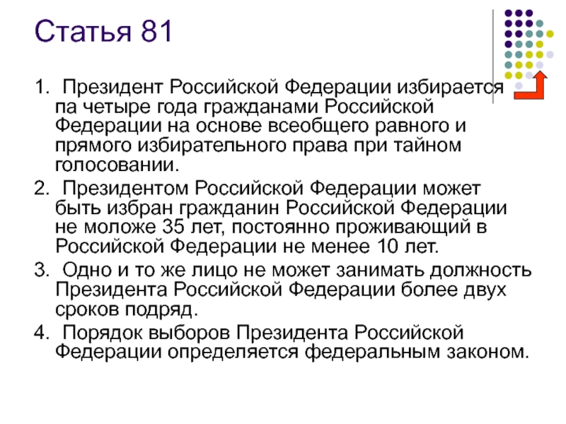 Президентская статья. Ст 81 Конституции. Срок избрания президента Российской Федерации.