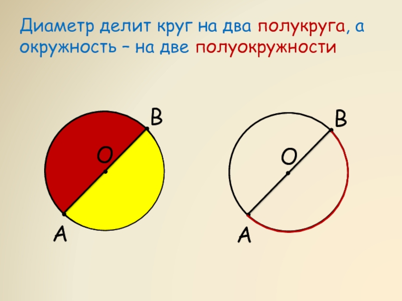 Полукруг это часть. Половина окружности. Части круга и окружности. Диаметр делит круг на два полукруга. Диаметр делит окружность.