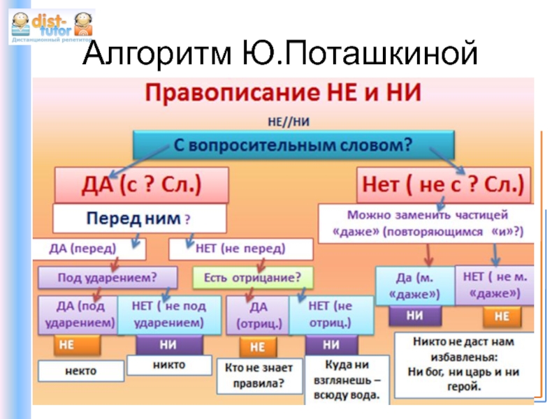 Класс теория русский язык. Алгоритм правописания не и ни. Алгоритм написания частиц не и ни. Правописание частицы ни алгоритм. Поташкина русский язык таблицы.