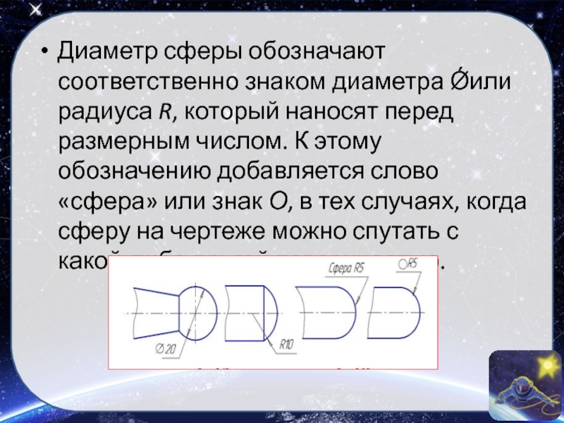 Диаметр в тексте. Диаметр сферы на чертеже. Обозначение сферы. Обозначение сферы на чертеже. Знак перед размерным числом диаметра.