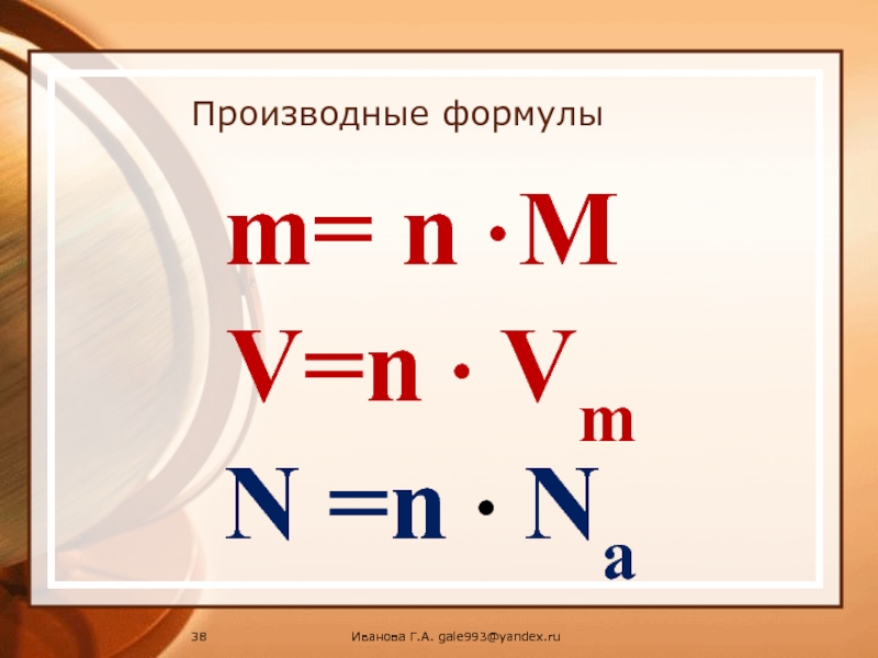 Производные формулы Иванова Г.А. gale993@yandex.rum= n ● МV=n ● VmN =n ● Na