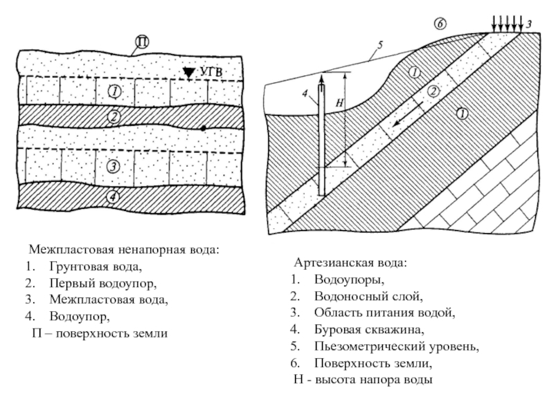 Основные понятия гидрогеологии Межпластовая ненапорная вода:Грунтовая вода,Первый водоупор,Межпластовая вода,Водоупор, П – поверхность землиАртезианская вода:Водоупоры,Водоносный Межпластовая ненапорная вода:Грунтовая вода,Первый водоупор,Межпластовая вода,Водоупор, П – поверхность землиАртезианская вода:Водоупоры,Водоносный слой,Область питания водой,Буровая скважина, Пьезометрический уровень,Поверхность