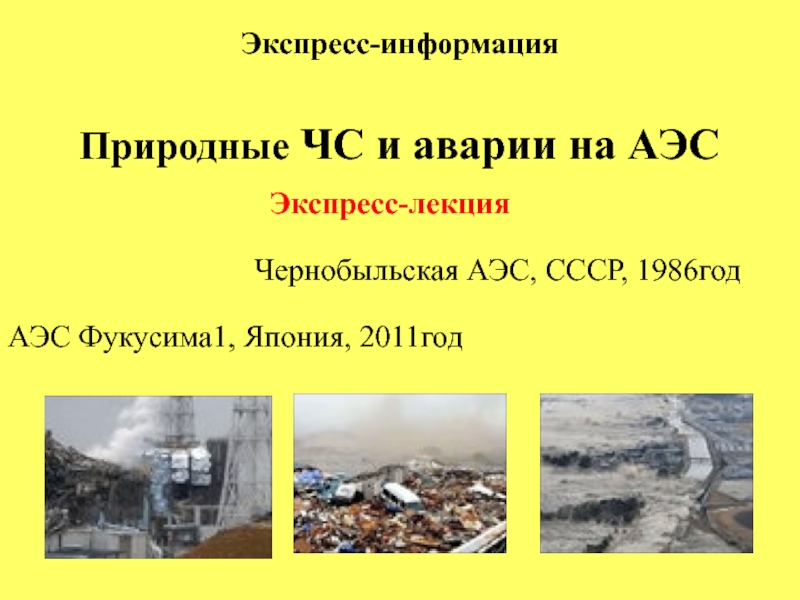 Чернобыльская АЭС, СССР, 1986год
АЭС Фукусима1, Япония, 2011год
Природные ЧС и