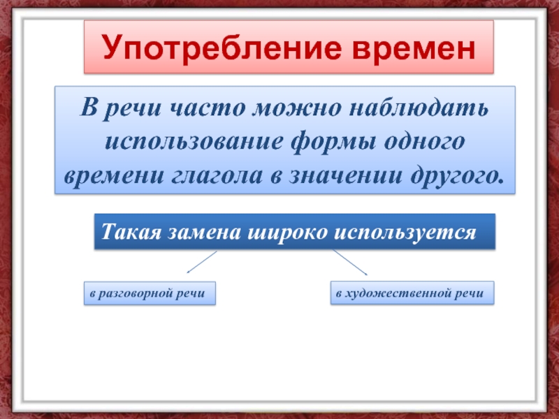 Употребление временТакая замена широко используетсяв разговорной речи в художественной речиВ речи часто можно наблюдать использование формы одного