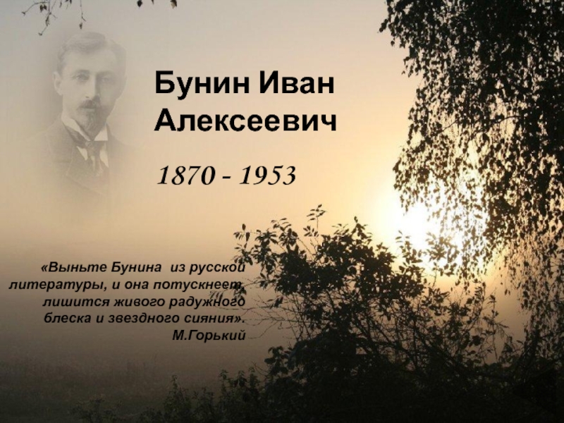 Бунин Иван Алексеевич
1870 - 1953
Выньте Бунина из русской литературы, и она