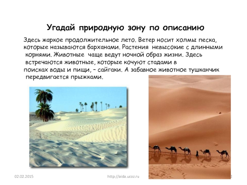 http://aida.ucoz.ruУгадай природную зону по описаниюЗдесь жаркое продолжительное лето. Ветер носит холмы песка, которые называются барханами. Растения невысокие