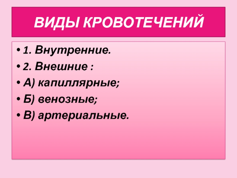 Внешние 2 внутренние. Основные типы кровоизлияний. Внутренние 2) внешние. Укажите виды кровоизлияний.