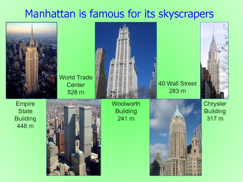 Manhattan is famous for its skyscrapersEmpireStateBuilding448 mWorld TradeCenter528 mChrysler Building317 m40 Wall Street283 mWoolworthBuilding241 m