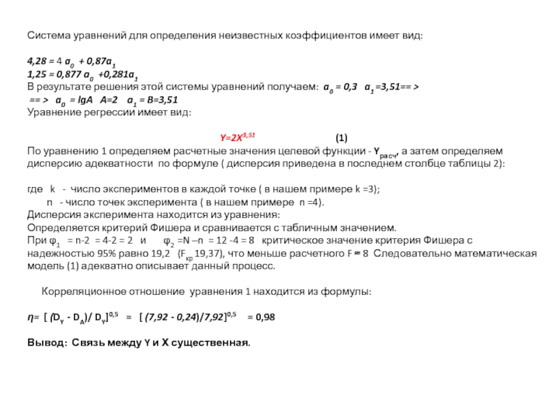 лекция 18.ppt Система уравнений для определения неизвестных коэффициентов имеет вид: 4,28 = 4 a0 Система уравнений для определения неизвестных коэффициентов имеет вид: 4,28 = 4 a0 + 0,87a11,25 = 0,877 a0 +0,281a1В